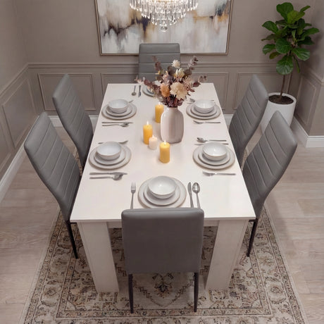 [6 Seater | Grey] White 6 seater dining table with six grey PU chairs beside tall arched window