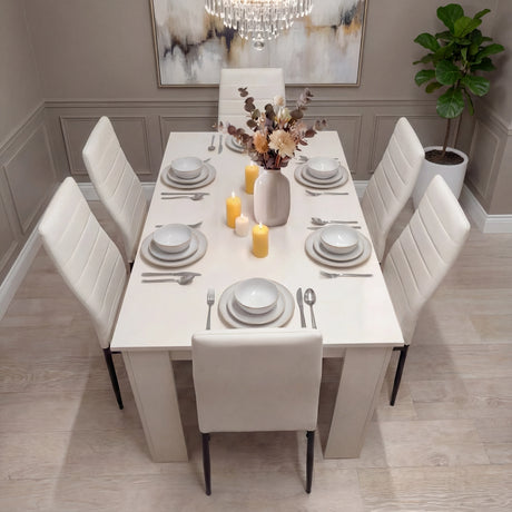 [6 Seater | White] Dining set: six white PU chairs and white table, panelled walls, candles