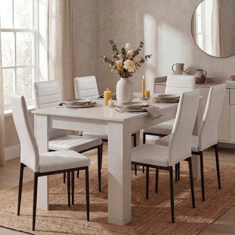 [6 Seater | White] Six white PU dining chairs around white table in room with round mirror