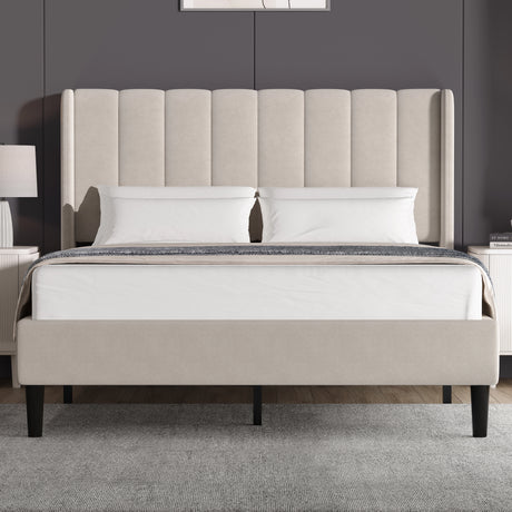 Vertical Line Velvet Upholstered Bed Frame in beige with channel tufted headboard and wooden slats, shown in king size for modern bedrooms.