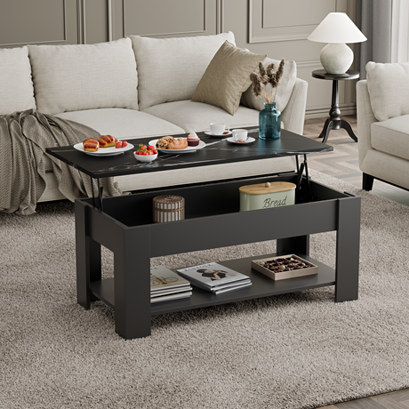 Modern black coffee table with lift-top feature and spacious lower shelf for storage.