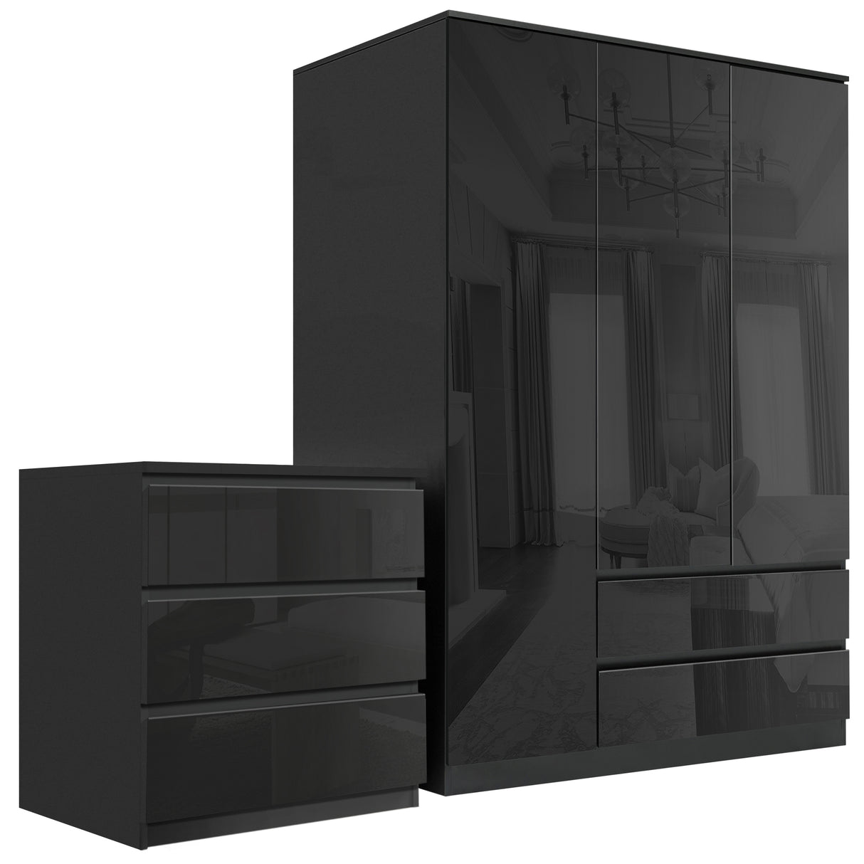 Modern black furniture set for the bedroom, offering a stylish and elegant look.