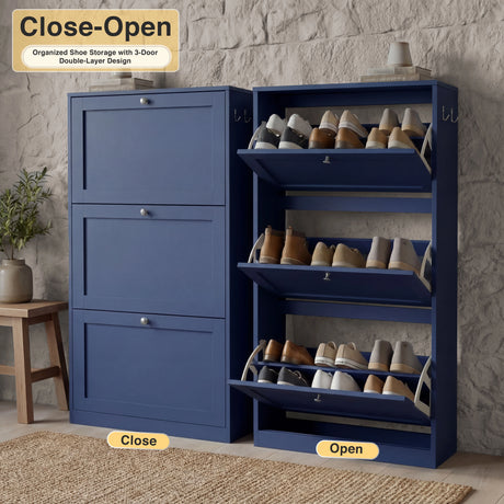 Blue shoe storage unit displayed closed and fully opened, revealing tiered internal compartments