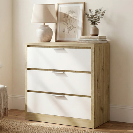 [Oak+White] Skova design chest of drawers in a modern dual finish, featuring a light wood frame and three white drawers