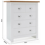 modern chest of drawers in white with five drawers, a wooden top, and chrome handles.