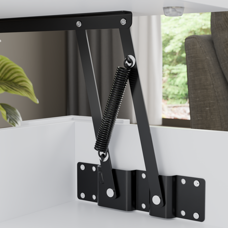 Modern coffee table decor featuring a close-up of lift-top mechanism with sturdy.