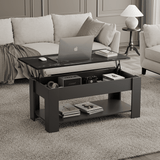 Modern coffee table for living room with lift-top feature and stylish black finish.