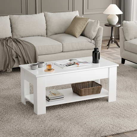 Modern coffee table white with a sleek design and lower shelf storage in a cozy living room.