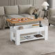 Modern coffee table with storage and a lift-top design in a white finish, featuring a wooden top.