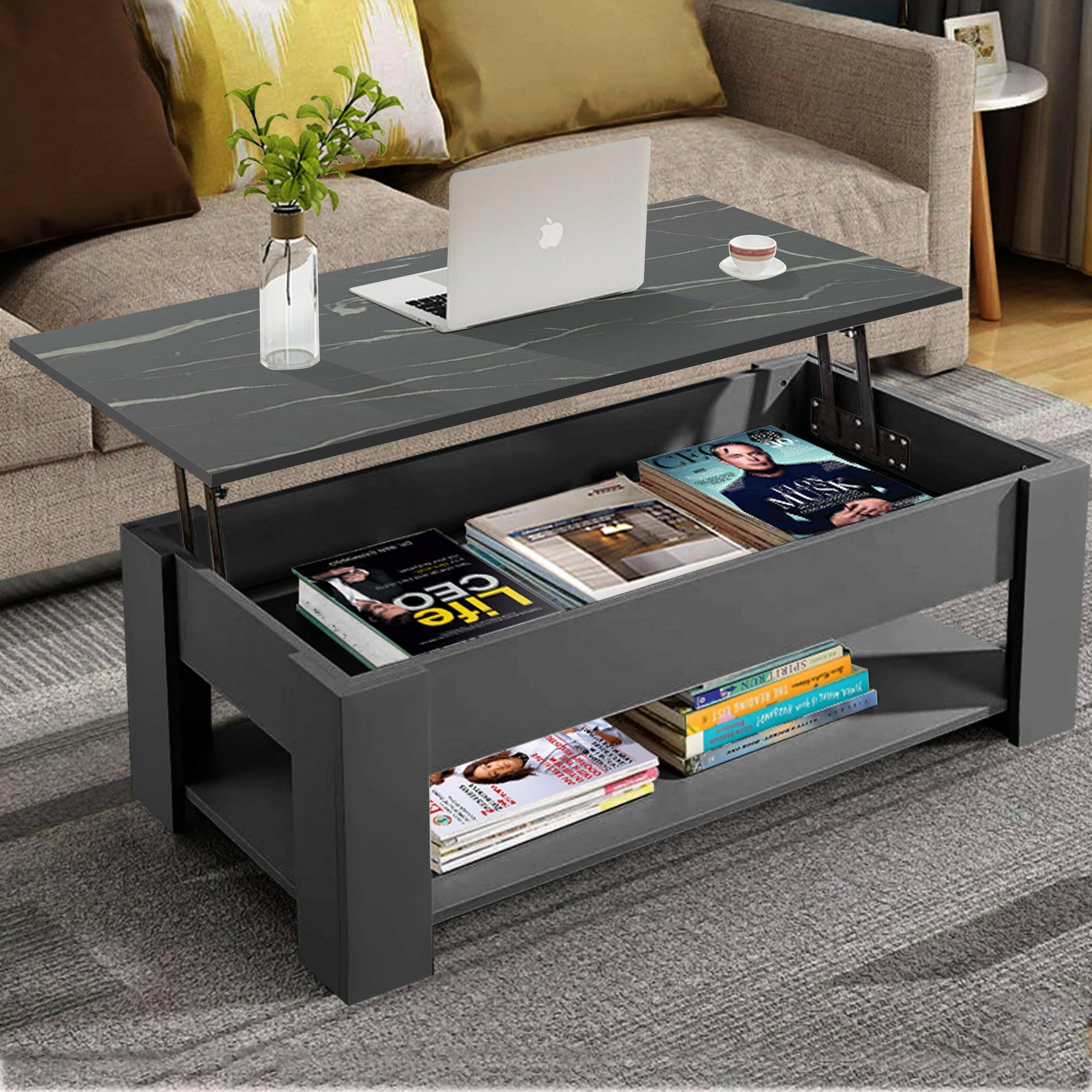 Modern coffee table with lift-top functionality, sleek black marble surface, and ample storage space