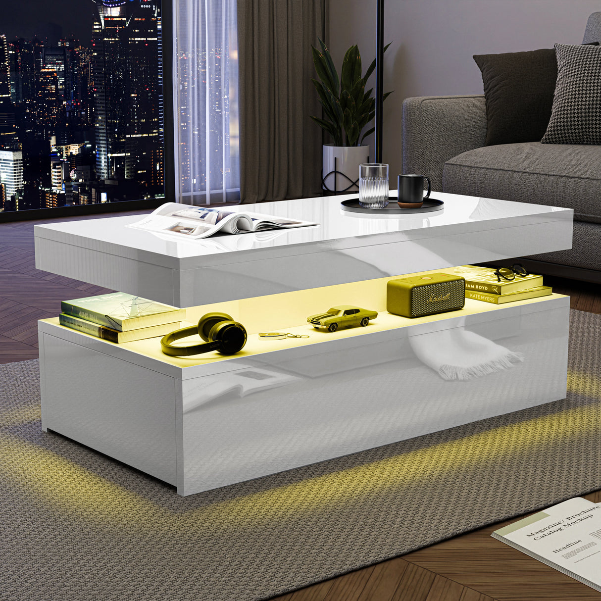 Modern coffee table with illuminated bottom shelf in a living room setting