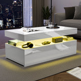 Modern coffee table with illuminated bottom shelf in a living room setting