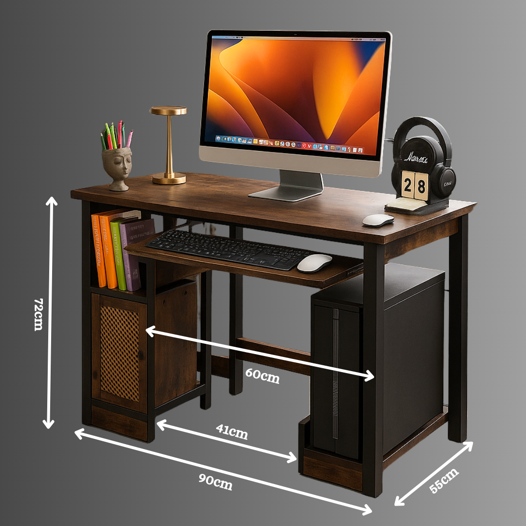 Rustic brown desk gaming PC setup with dimensions displayed, featuring a monitor, keyboard, mouse.