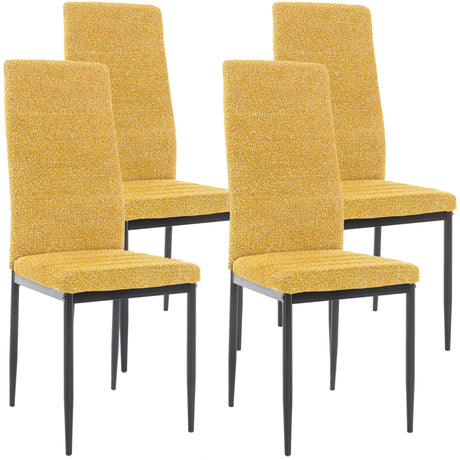 Modern dining chair set of 4 with yellow textured upholstery and sleek black metal legs