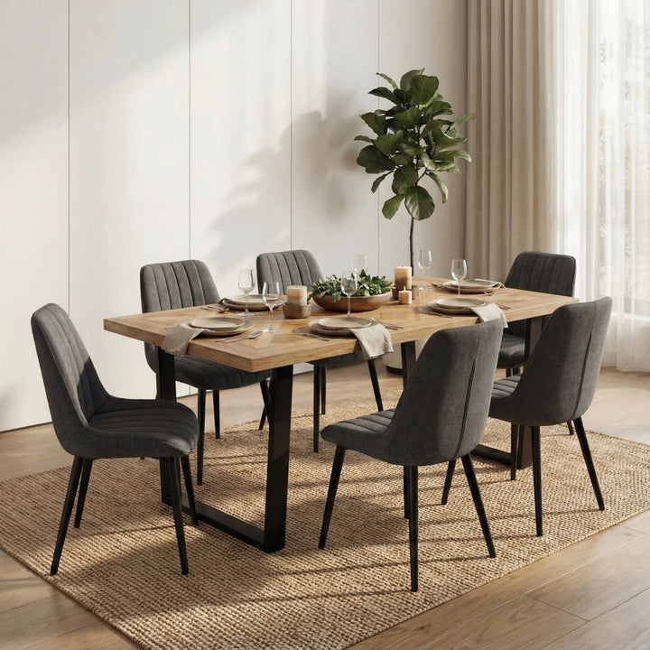 [6 Seater | Grey] Aldridge dining table with 6 grey ribbed chairs around the oak parquet top in a neutral room.