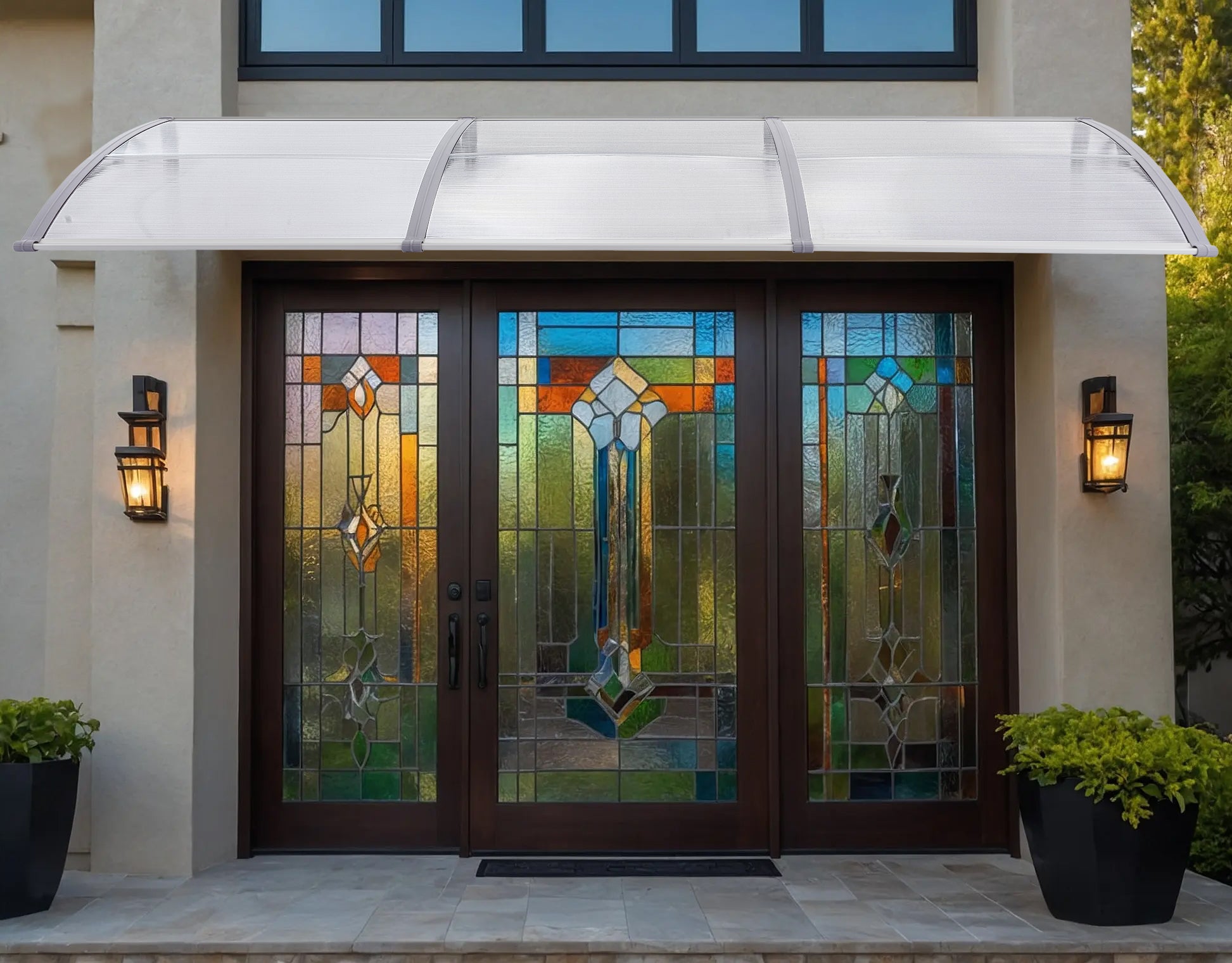 Modern door canopy modern with curved transparent PC sheet over stylish double doors.