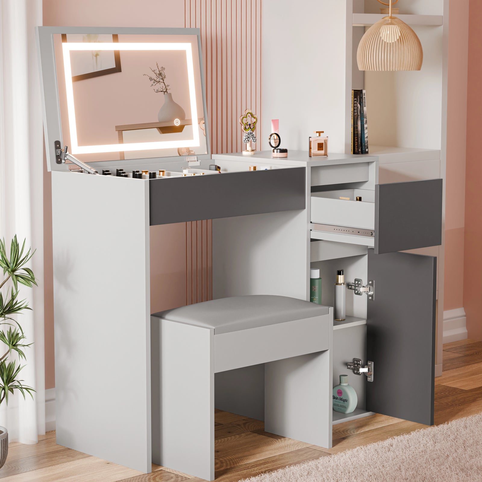 [Grey] vanity with mirror and storage drawers in a room setting.