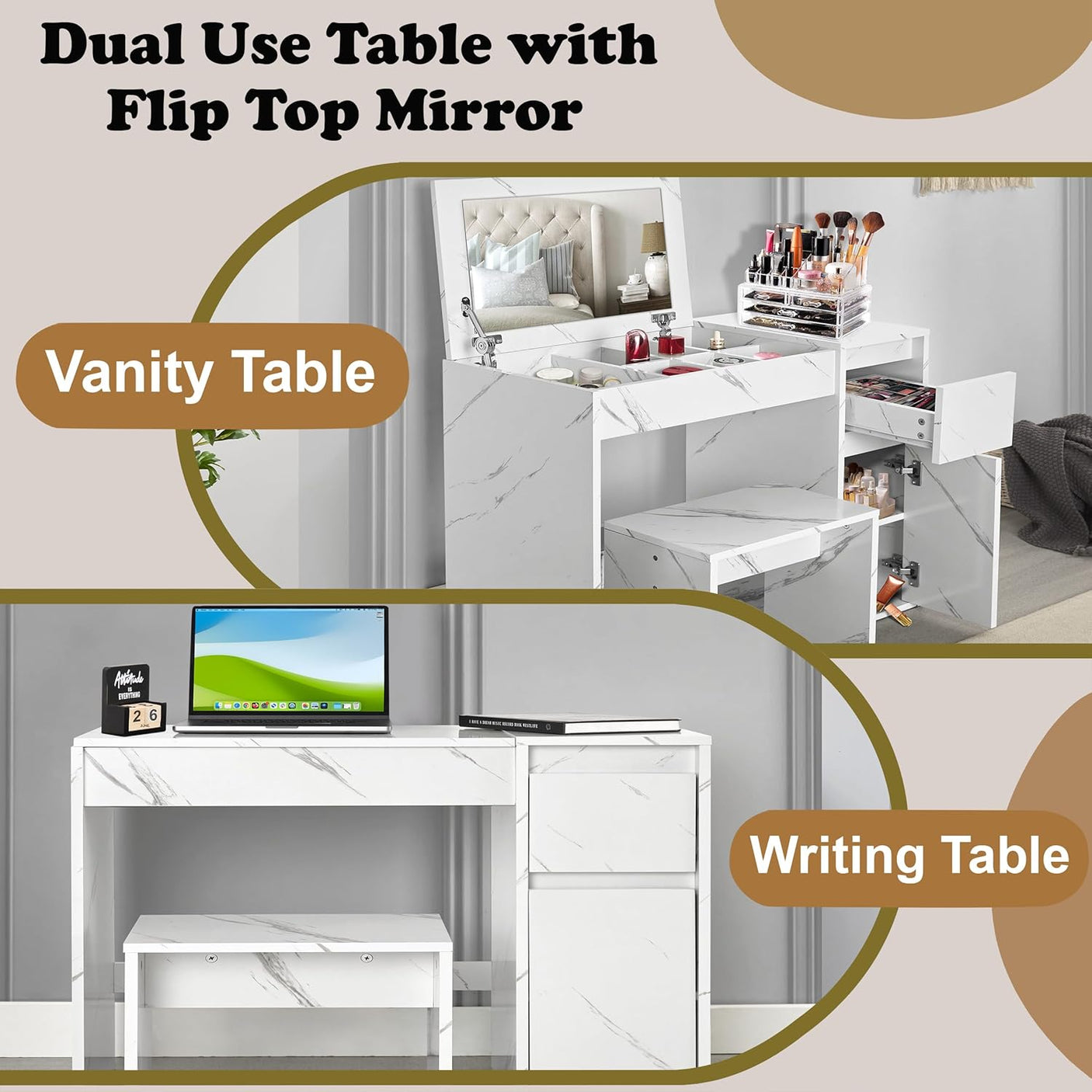 Small dressing table with flip-up mirror and stool, doubles as a vanity and writing desk with storage drawers in modern white marble finish.