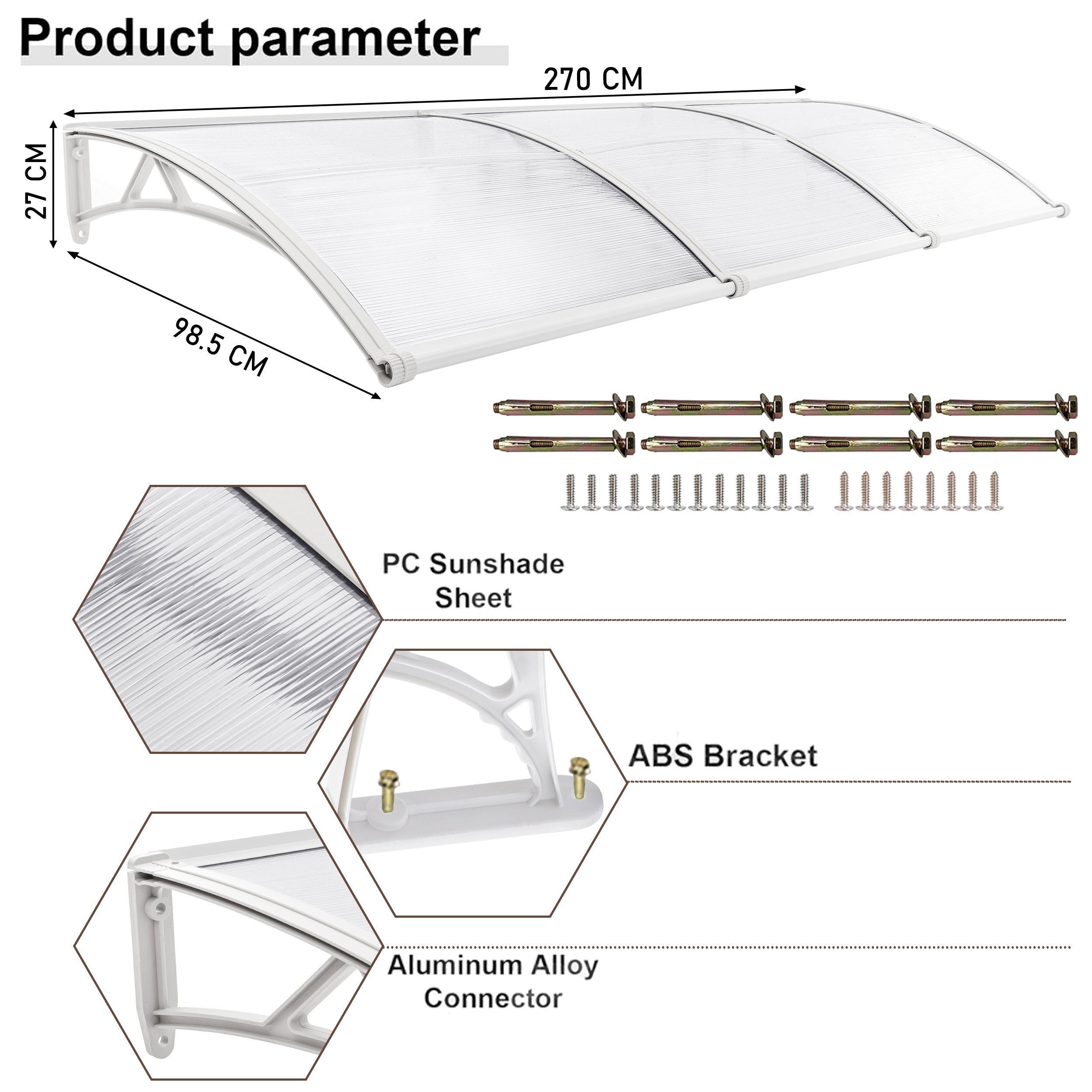 Modern front doors canopy uk with white ABS brackets, PC sunshade sheet, and aluminum connectors.