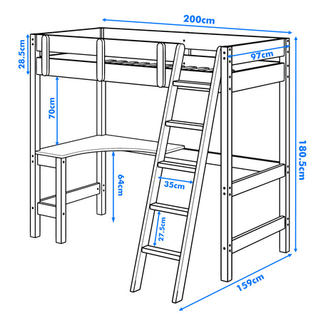 Line drawing of a modern bunk bed, showing measurements: 200 cm length, 97 cm width, 180.5 cm height, and a 64 cm high desk.