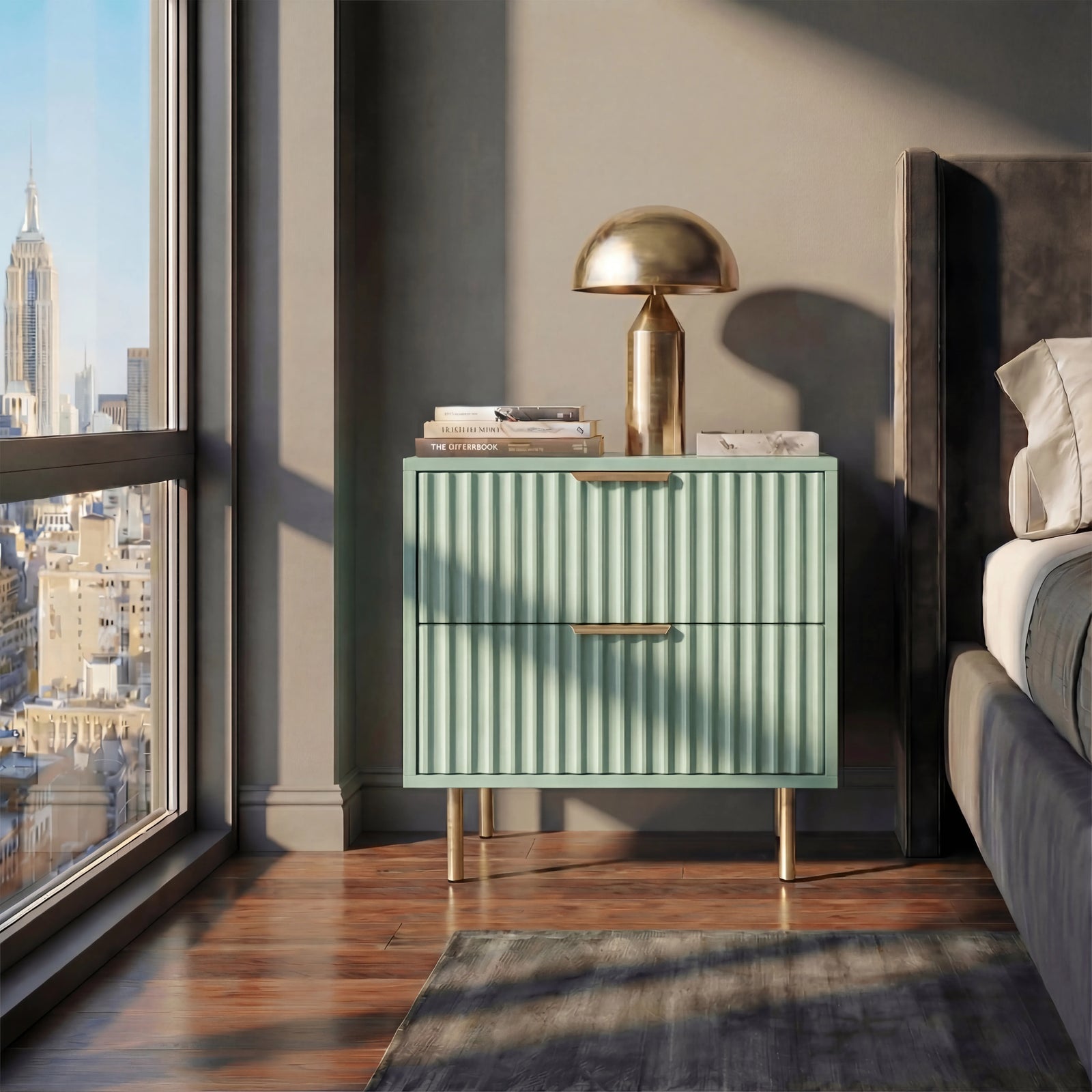 [Sage Green] Flutrina design green bedside cabinet unit with gold legs, placed against a wall near a window in a natural bright light
