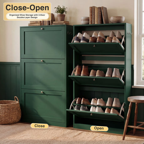 Green shoe storage unit is displayed closed and fully opened, revealing tiered internal compartments