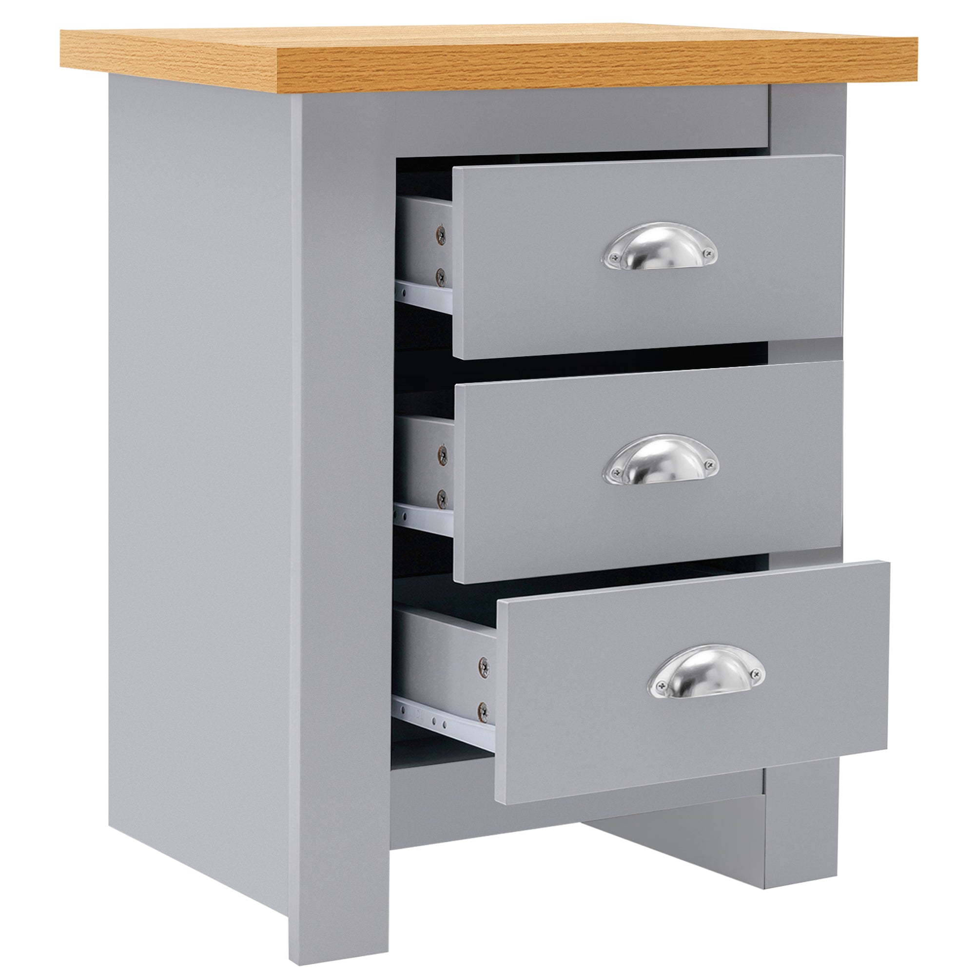 Modern grey 3-drawer bedside table, offering stylish storage with a sleek design for bedrooms