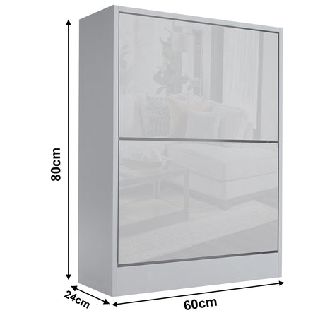 grey high gloss shoe cabinet displayed with dimensions: width 60 cm, depth 24 cm, and height 80 cm.