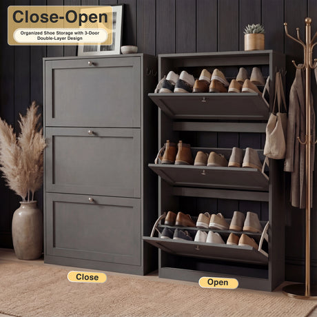 Grey shaker shoe storage unit shown closed and fully opened with three-tier internal shelving