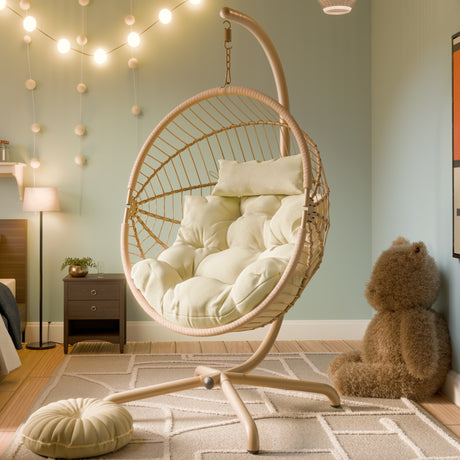 Modern hanging egg chair with beige cushions, durable stand, and contemporary bedroom decor.