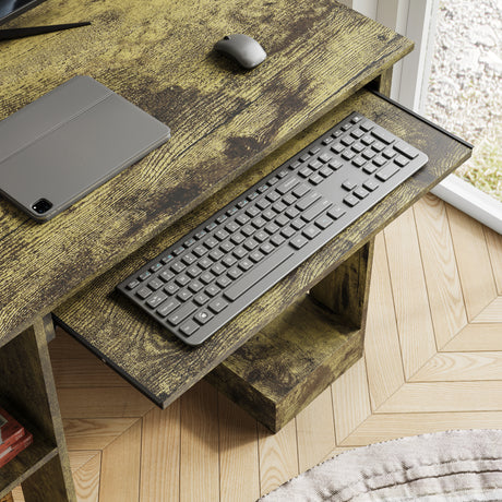 Home office computer desk with shelves featuring a pull-out keyboard tray, rustic wood finish, and compact design ideal for working, reading, or gaming.