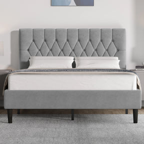 Grey velvet bed frame in king size with chesterfield-style adjustable headboard, ideal for modern bedrooms. Available at DHS with free UK delivery.