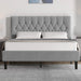 Grey velvet bed frame in king size with chesterfield-style adjustable headboard, ideal for modern bedrooms. Available at DHS with free UK delivery.