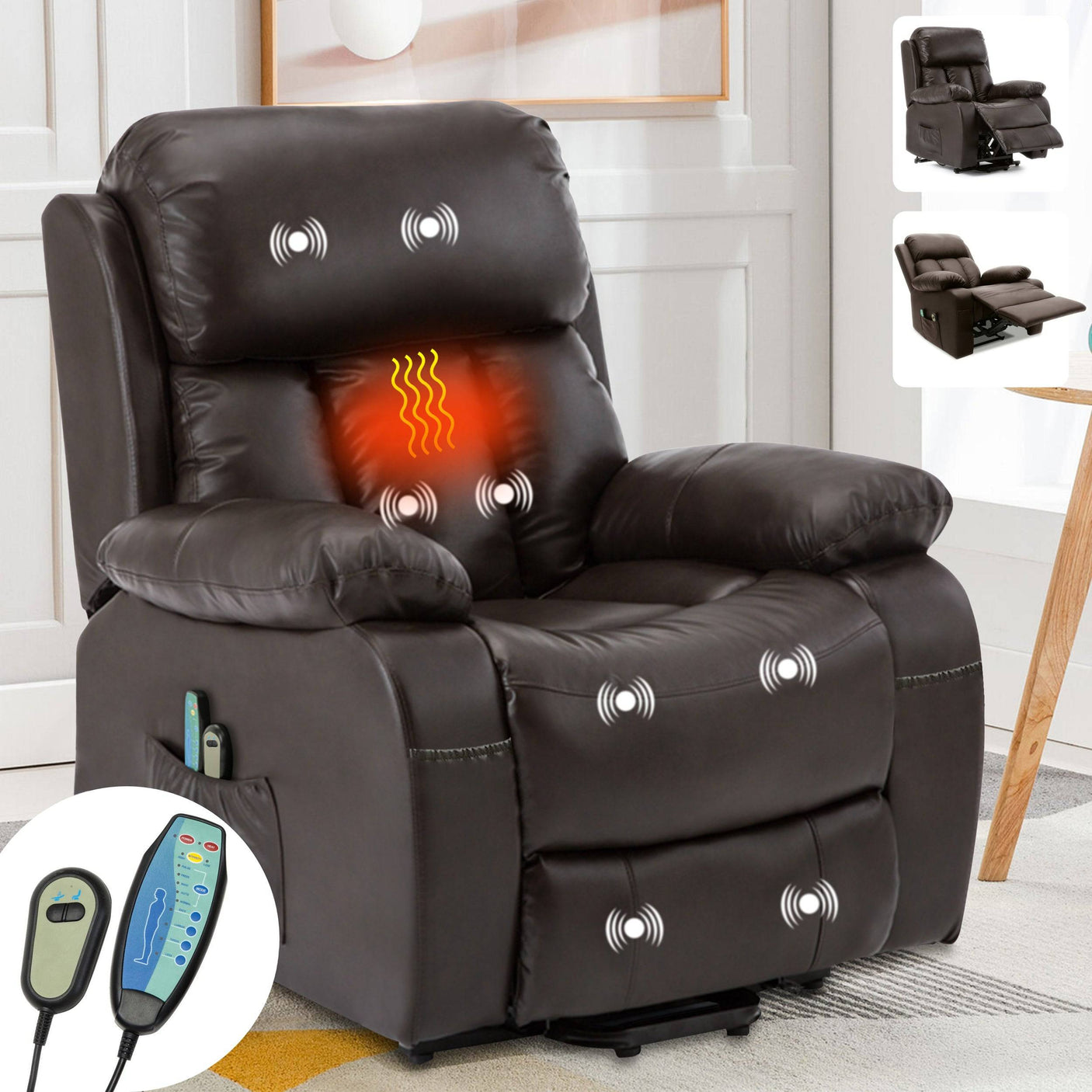 Brown electric recliner armchair with heat and massage, featuring 8 massage points and remote control for full-body relaxation.