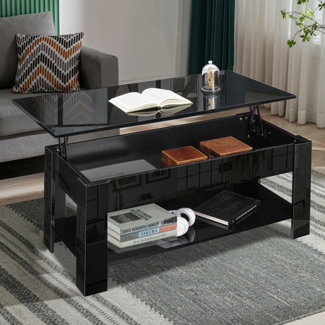 Lift-up black coffee table with modern design, gloss top, and ample storage space beneath.