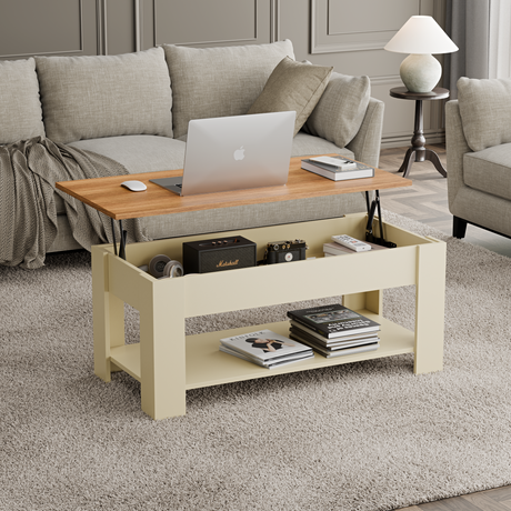 Modern living room coffee table with a lift-top and cream-colored base, offering spacious storage.