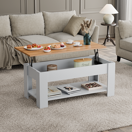 Modern modern coffee table with lift-top feature and storage, featuring a light grey finish.