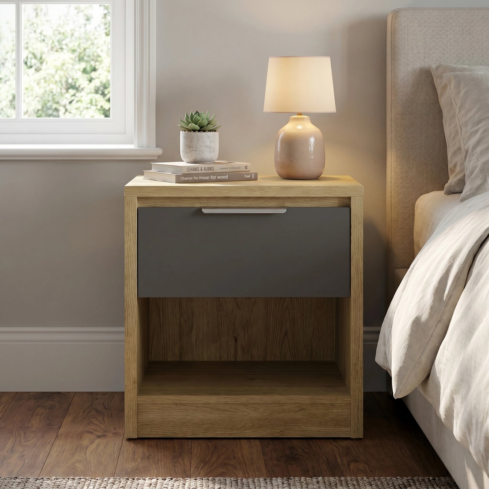 [Oak+Grey] Modern oak bedside table grey drawer head-on with side table lamp and small plant on top