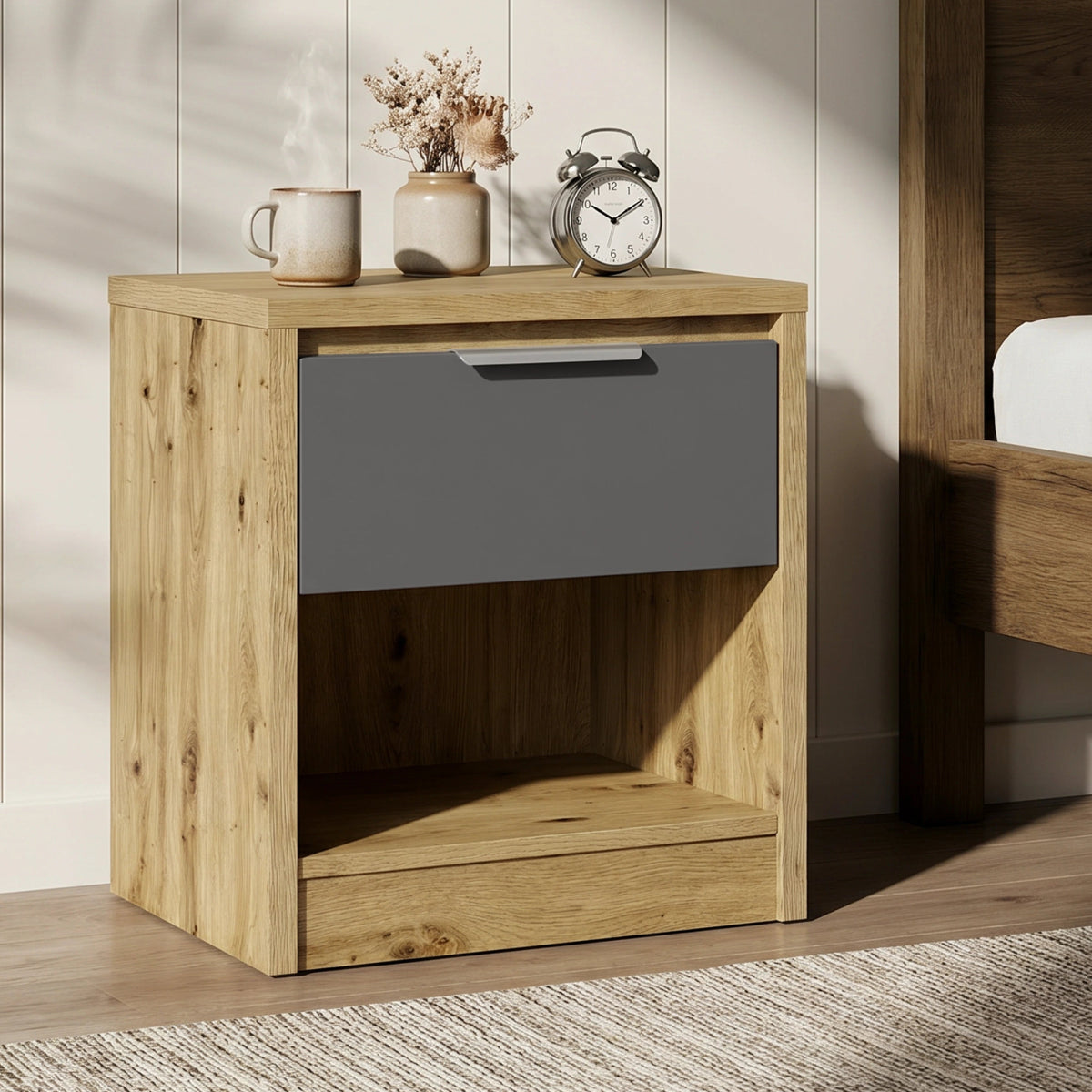 Modern Oak Effect Bedside Table Drawer & Shelf Oak+Grey
