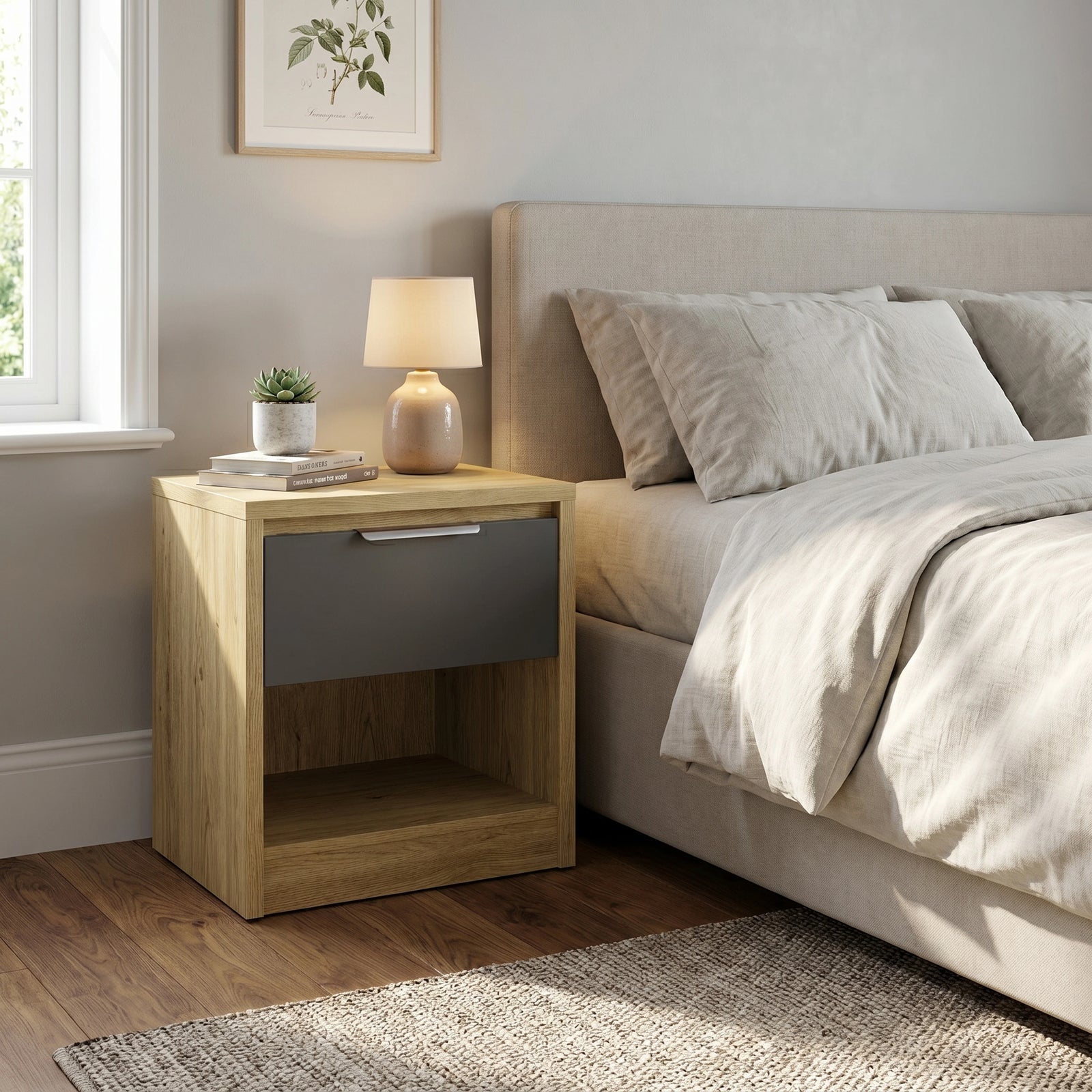 [Oak+Grey] Oak bedside table with grey drawer pulled open showing journal, glasses and accessories inside