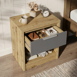 [Oak+Grey] Modern oak bedside table grey drawer head-on with side table lamp and small plant on top