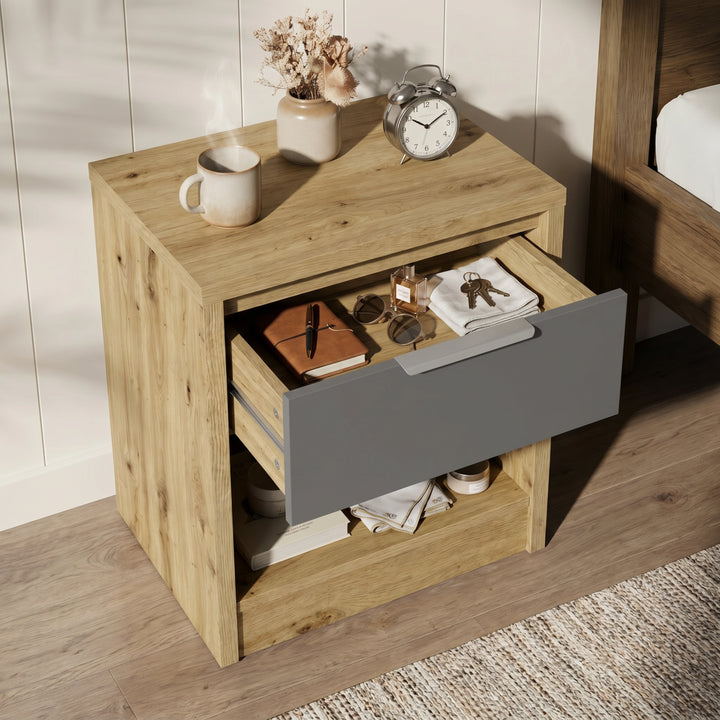 [Oak+Grey] Modern oak bedside table grey drawer head-on with side table lamp and small plant on top