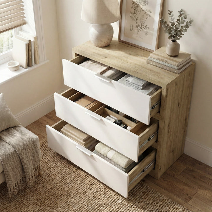 [Oak+White] Skova chest of drawers with every white drawer pulled open, contents visible on oak interior