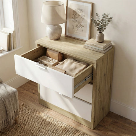 [Oak+White] Skova design chest of drawers in a modern dual finish, featuring a light wood frame and three white drawers and one drawer opened