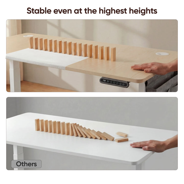 [140cm x 60cm] stability test 140cm pine standing desk holds upright dominoes at full height while competitor desk topples