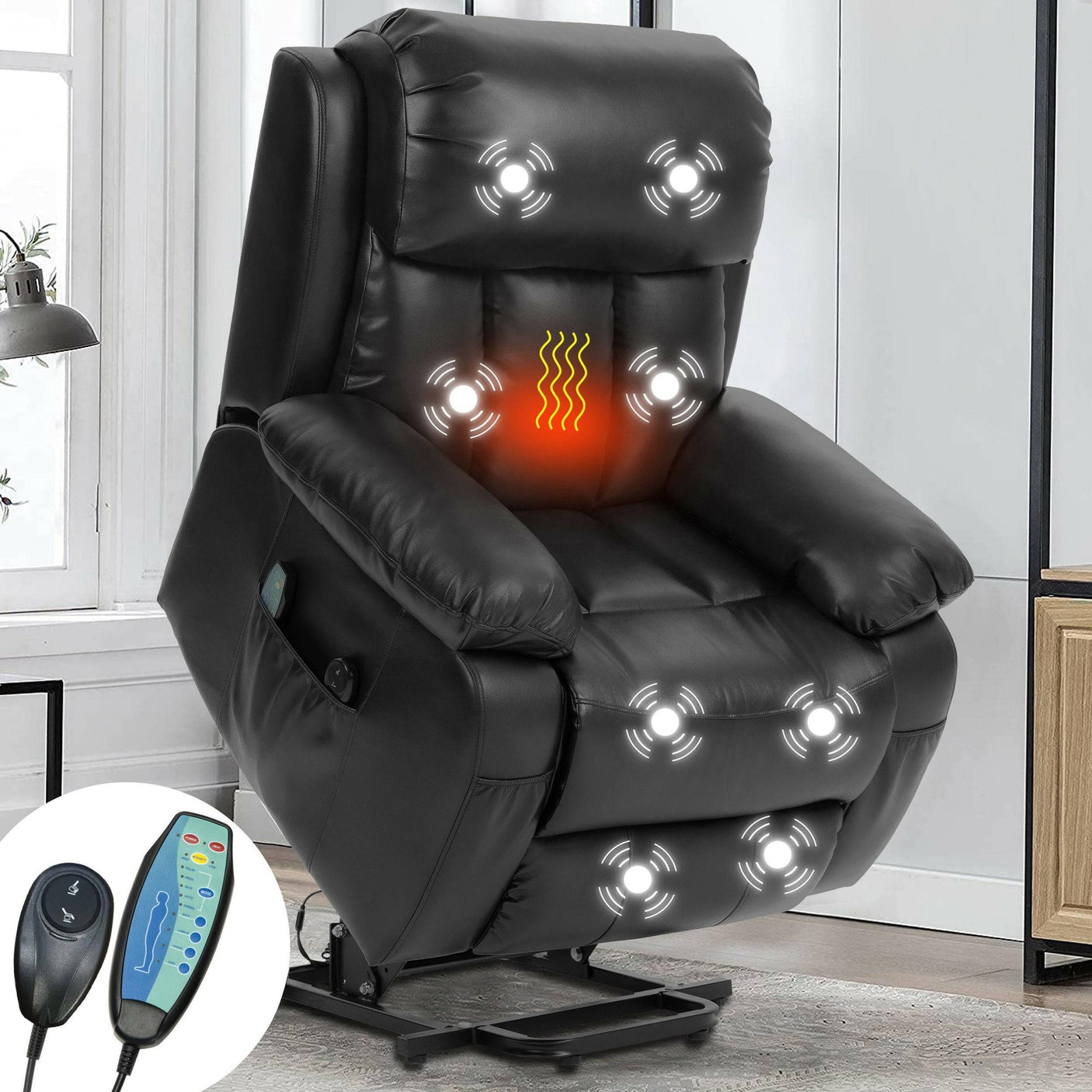 Electric riser recliner armchair with heat and massage in black leather featuring 8-point massage zones and lift-up function for elderly comfort.