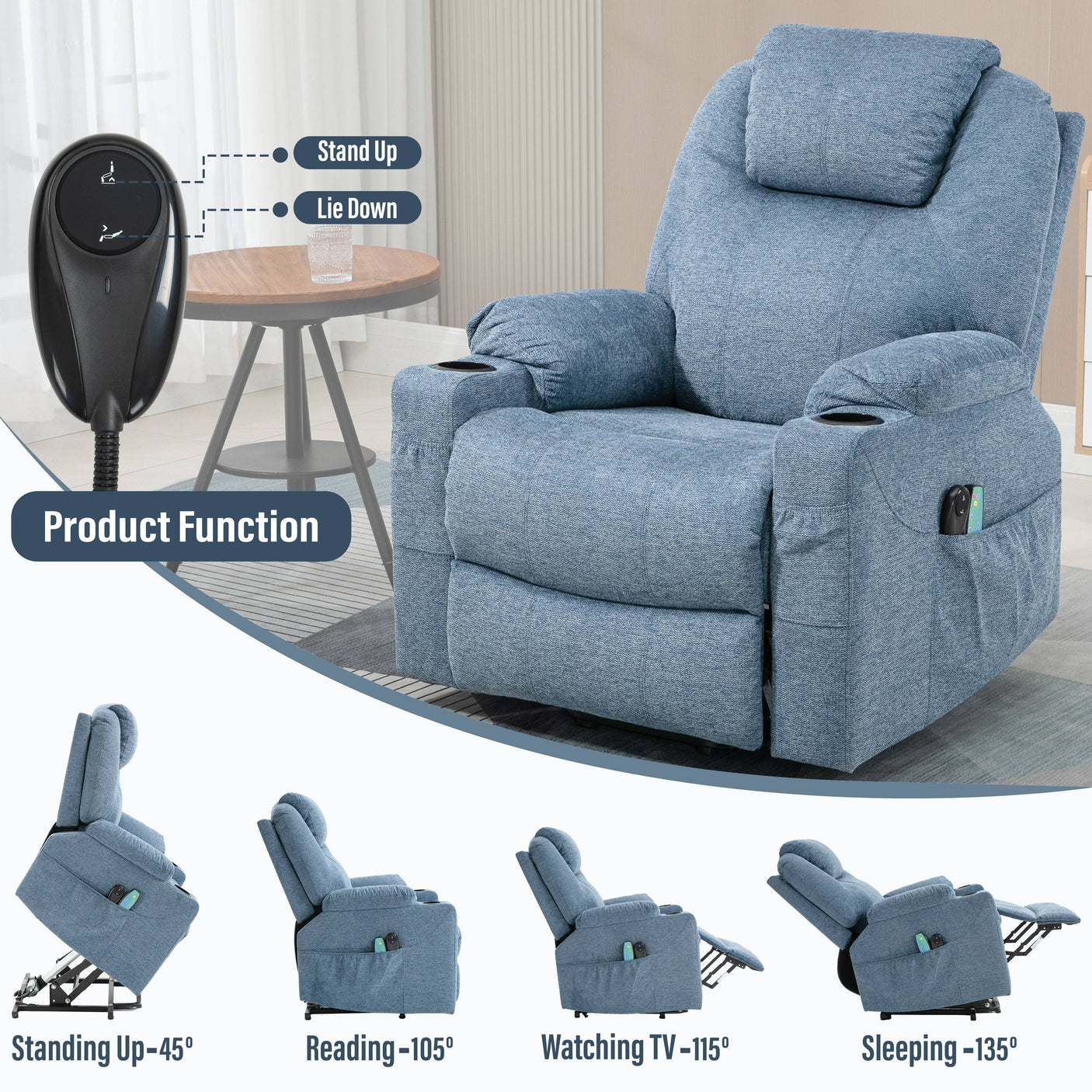 Blue fabric recliner chair with remote control and multiple reclining positions for reading, TV, and sleeping.