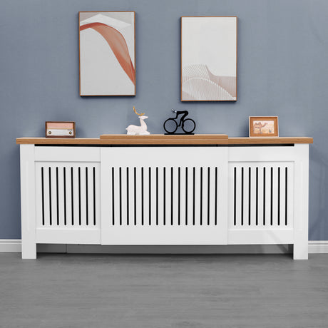 front-on image of radiator cover adjustable in white with oak top, styled with decor and clean lines