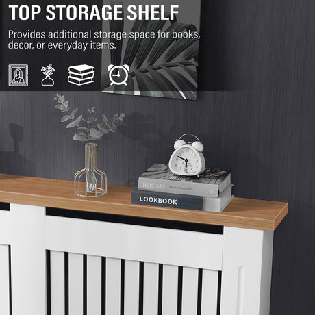 close-up of top shelf of adjustable radiator covers uk in white oak finish used for books and ornaments