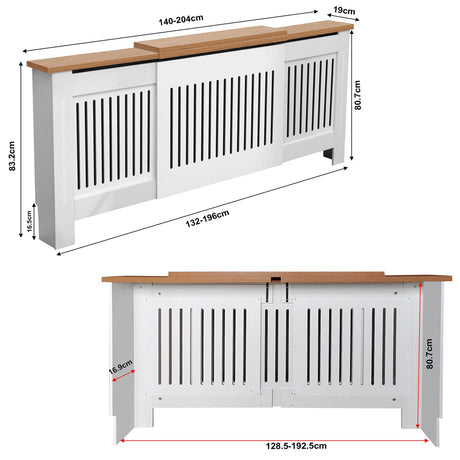 Dimensions of adjustable radiator covers (WxDxH): outer 140 to 204 x 19 x 83.2cm, inner  128.5 to 192.5 x 16.9 x 80.7cm.